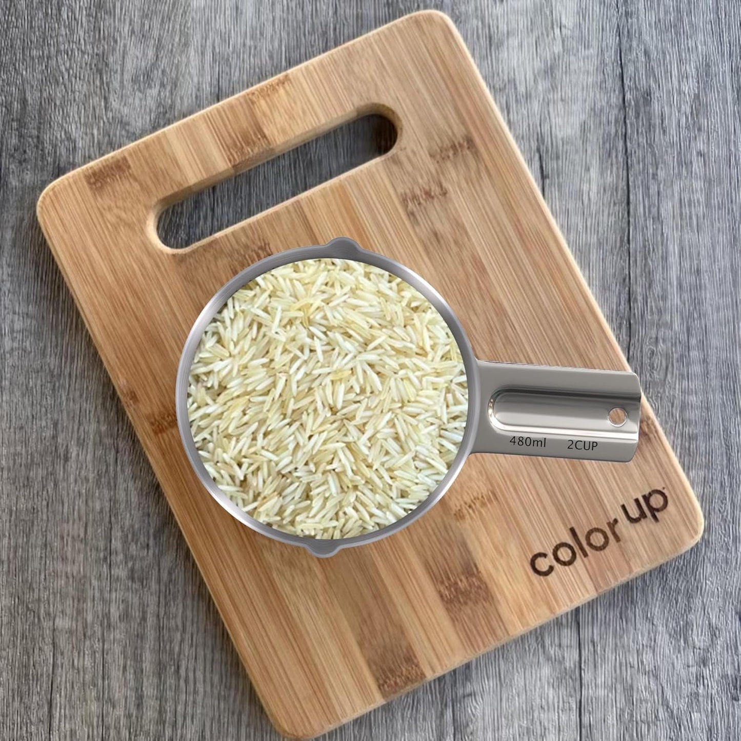 Color Up 2 Cup Measuring Cup, 480ml Stainless Steel Metal, Easy-Pour Spouts, Engraved Markings, Flat Base, Dishwasher Safe, for Dry and Liquid Ingredients