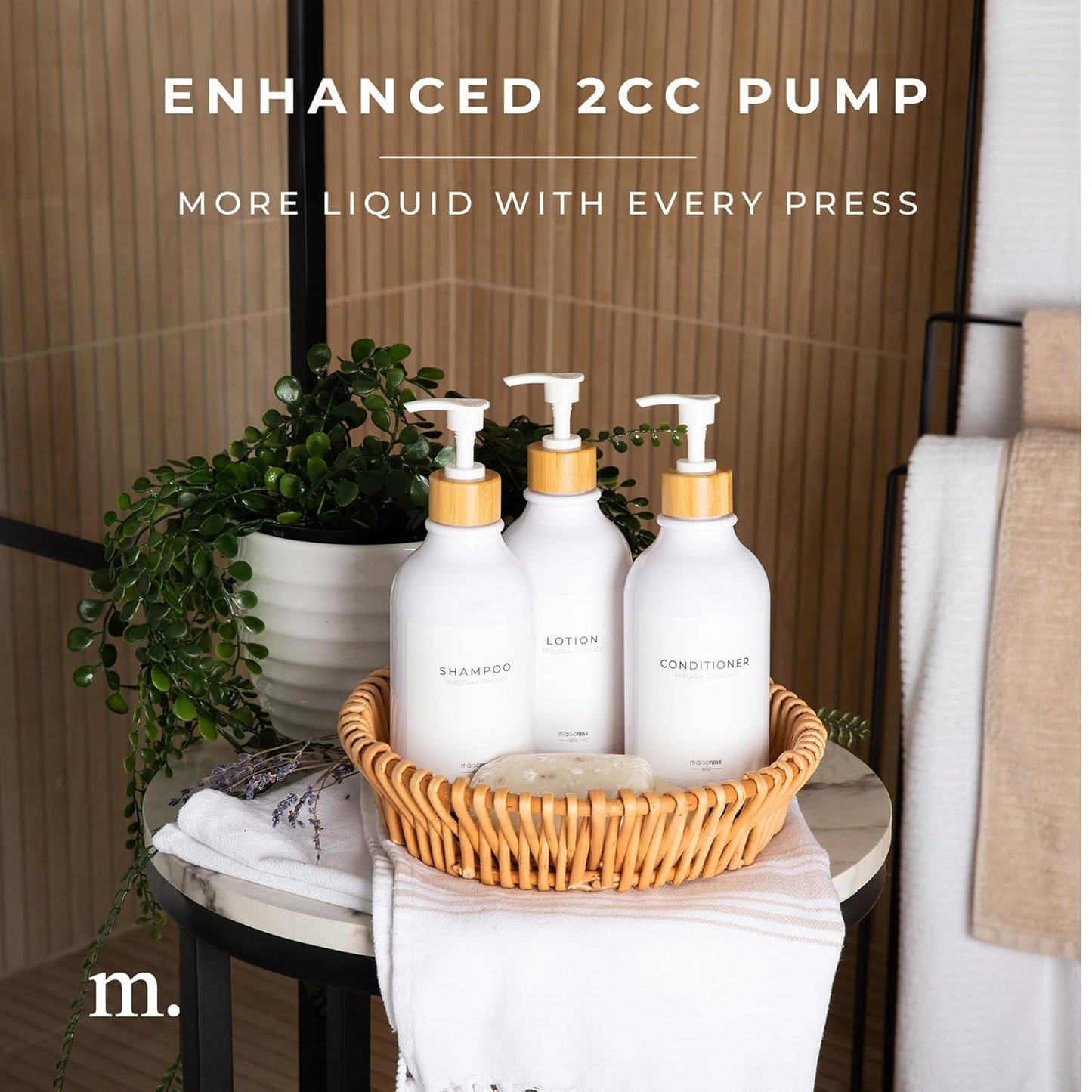 MaisoNovo Refillable Shampoo and Conditioner Bottles | 16.9 fl oz Set of 3 White Plastic Bottles White Bamboo Pumps