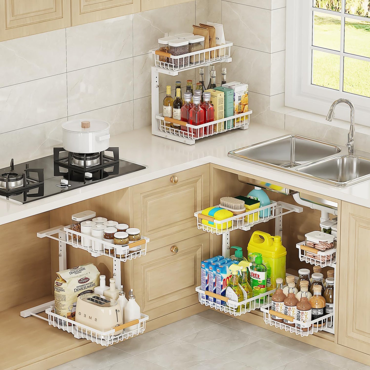 2-Tier Slide Out Under Sink Organizer – 2-Tier Pull-Out Storage Rack, Bathroom organizers and storage for Kitchen and Bathroom, Space-Saving Cabinet Organizer, Rustproof,（White)(2 Pack)