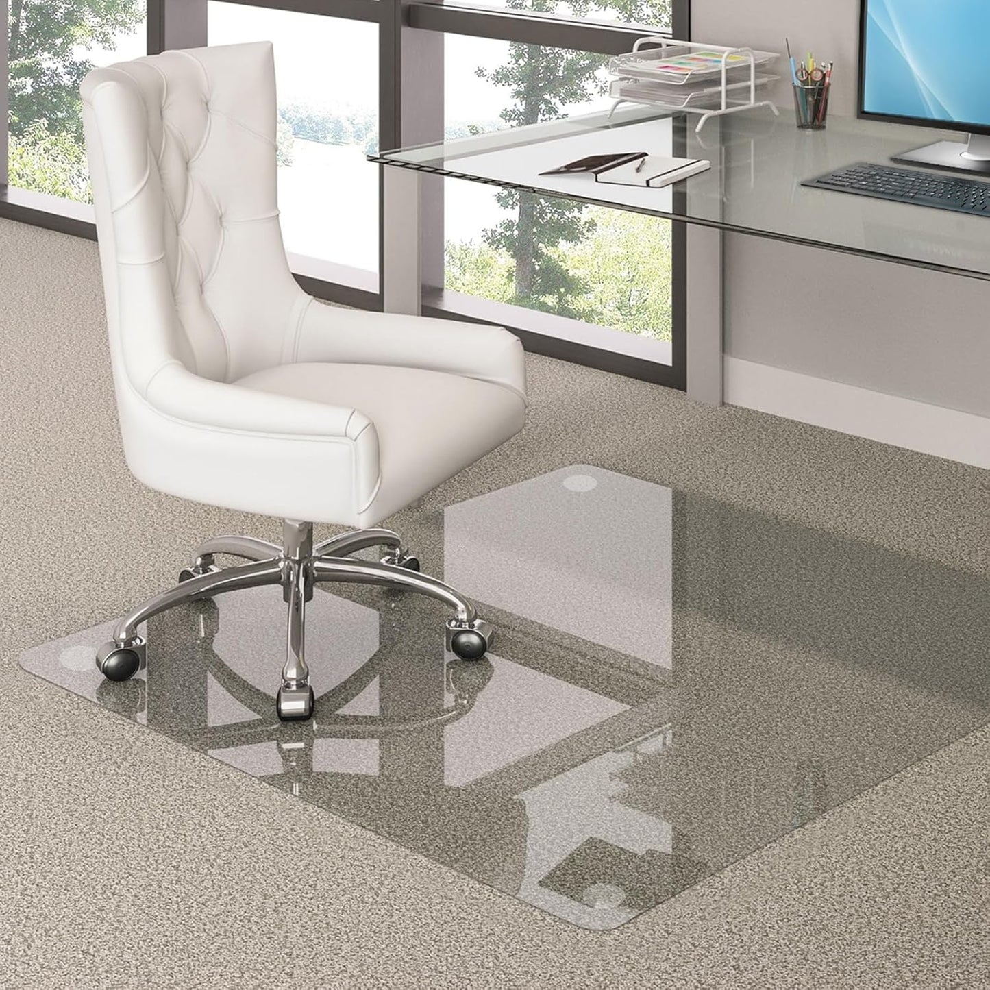 48"x31" Tempered Glass Chair Mat, Heavy Duty Glass Office Floor Mat for Carpet or Hardwood Floors, with Non-Slip Pads, Round Corner and Polished Edge, Effortless Rolling, Thick 1/5"