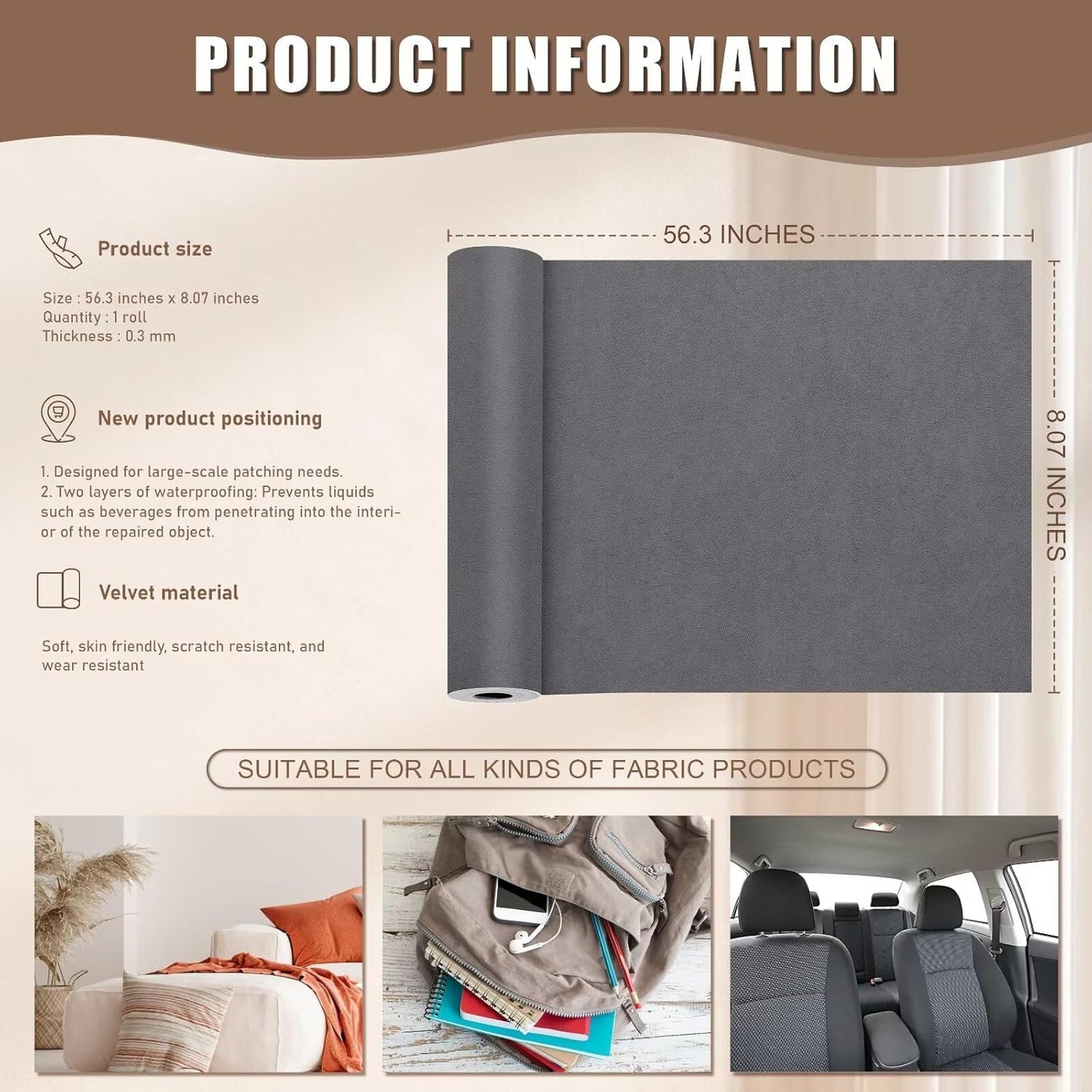 Azobur Couch Patches, Extra-Large Durable Fabric Tape, Ideal for Automotive Upholstery Repair, Waterproof, Self-Adhesive, Quickly Fix Sofas, Car Interiors, and Other Fabric Items (Gray)