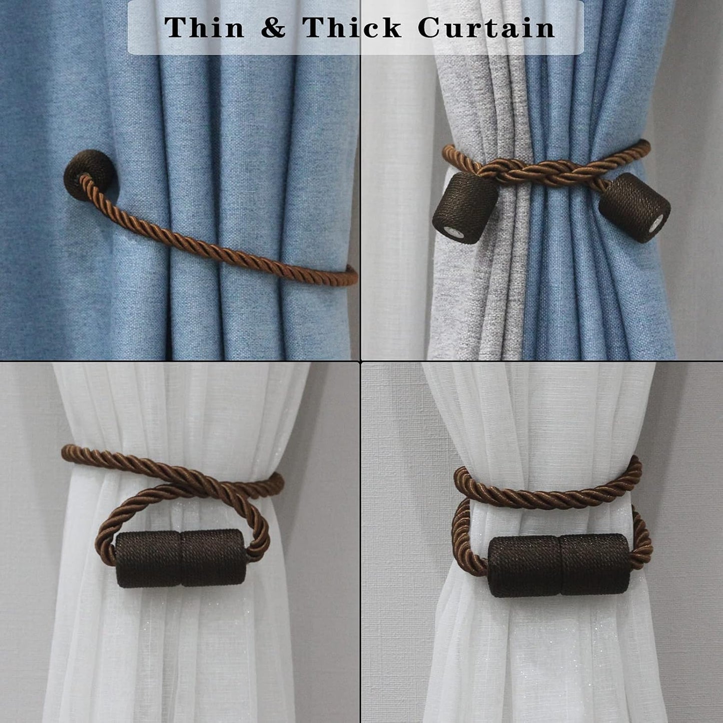 2 Pack Strong Magnetic Curtain Tiebacks Outdoor Elegant Decorative Tie Backs Modern Rope Tiebacks for Drapes Window Curtain Holdbacks for Draperies- Coffee
