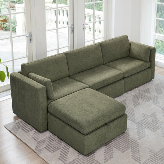 CHITA Oversized Modular Sectional Sofa, FSC Certified L Shaped Couch Reversible Chaise, Modular Sectional Couch for Living Room,112 inch Width, 4 Seat Modular Sofa with Storage Ottoman, Moss Green