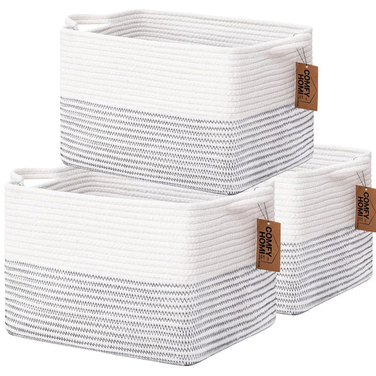 COMFY-HOMI 3 Pack Cotton Rope Square Basket with Handles - Storage & Organizer (White/Black Line, 13.5" x 11" x 9.5")
