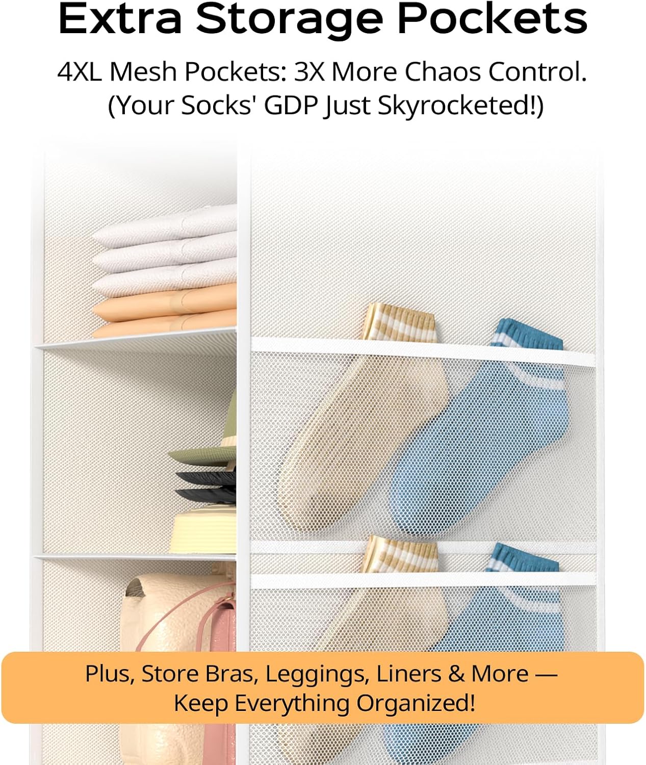 Extra Deep Hanging Closet Organizer with Shelves and Oversized Mesh Pockets, Heavy-Duty Structure, No Deformation, Max Storage for Clothes, Shoes, Hats, Dorms and RVs,1-Pack (White, 5 Tier)