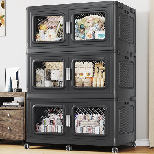 BROVIEW 660 Qt Stackable Storage Bin with Lids, 165Gal Extra Large Collapsible Storage Boxes, Folding Plastic Drawer, Heavy-Duty Store Cabinet, Closet Organizer for Home Kitchen, 3 Pack Black