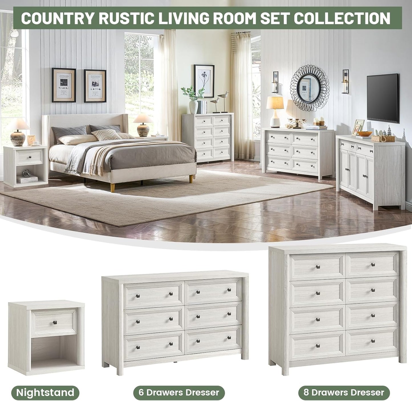 41" Tall White Dresser, Farmhouse 8 Drawers Dressers for Bedroom, Vertical Chest of Drawers for Bedroom Nursery with Metal Handle, Modern Rustic Wood Dresser for Closet, Living Room