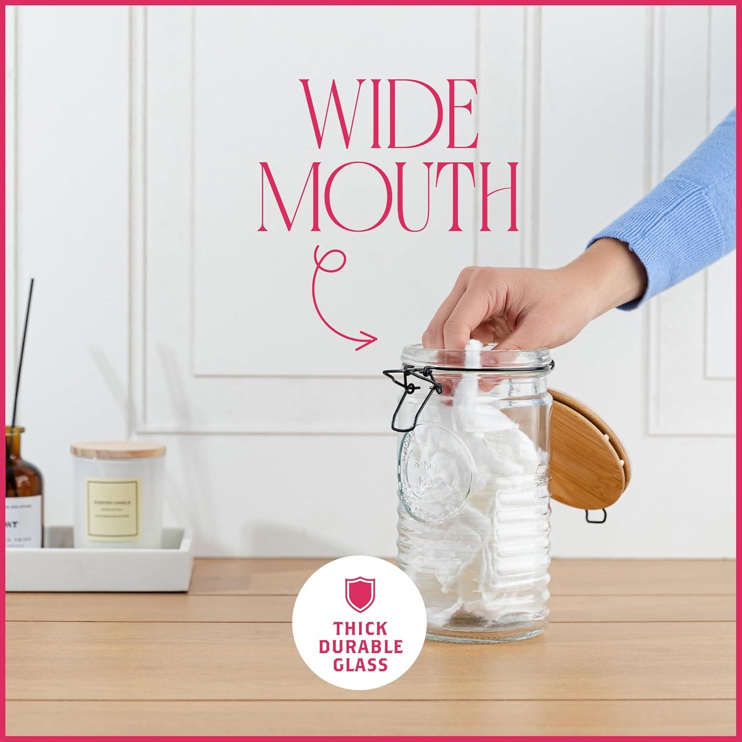 Glass Storage Containers with Airtight Lids - 40 Ounce Mason Jar Storage Containers for Cereal, Coffee & Rice - Pantry Organizing Canister Set of 3 for Kitchen