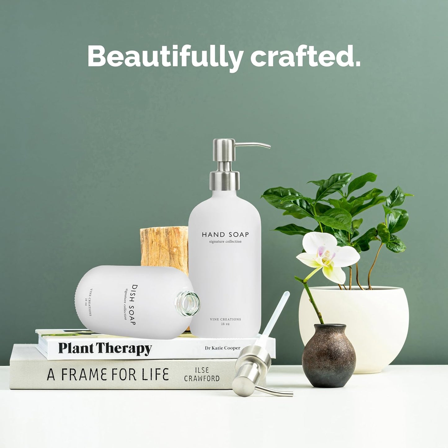 Vine Creations White Glass Soap Dispenser Set, Dish Soap and Hand Soap Dispenser Set with Stainless Steel Pump, 16 oz Glass Dispensers for Kitchen or Bathroom Decor (Matte White Bottle/Silver)