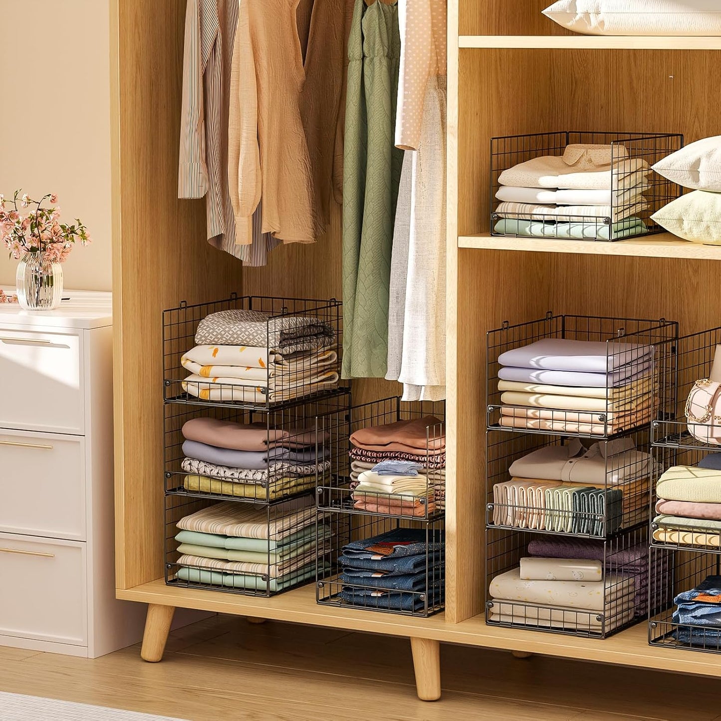 4-Tier Stackable Closet Organizers and Storage Shelves, Foldable Closet Shelf Organizer System, Stackable Storage Bins Drawers for Closet Organizer System, Black(Patent Pending)