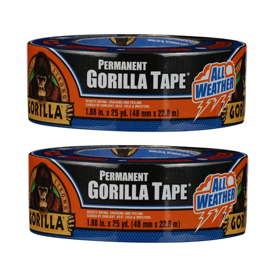 Gorilla All Weather Duct Tape, Black, 1.88" x 25 yd (Pack of 2) - UV and Temperature Resistant Waterproof Tape for Outdoor Repairs