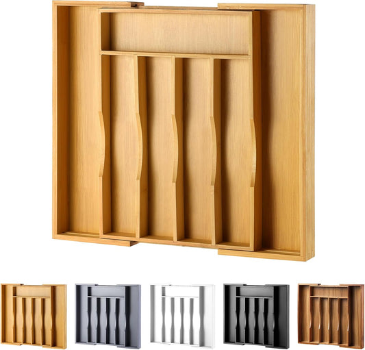 Expandable Bamboo Kitchen Drawer Organizer for Cutlery and Utensils, Adjustable Bamboo Wood Cutlery Tray in Drawer for Flatware and Silverware in Kitchen, (Natural)