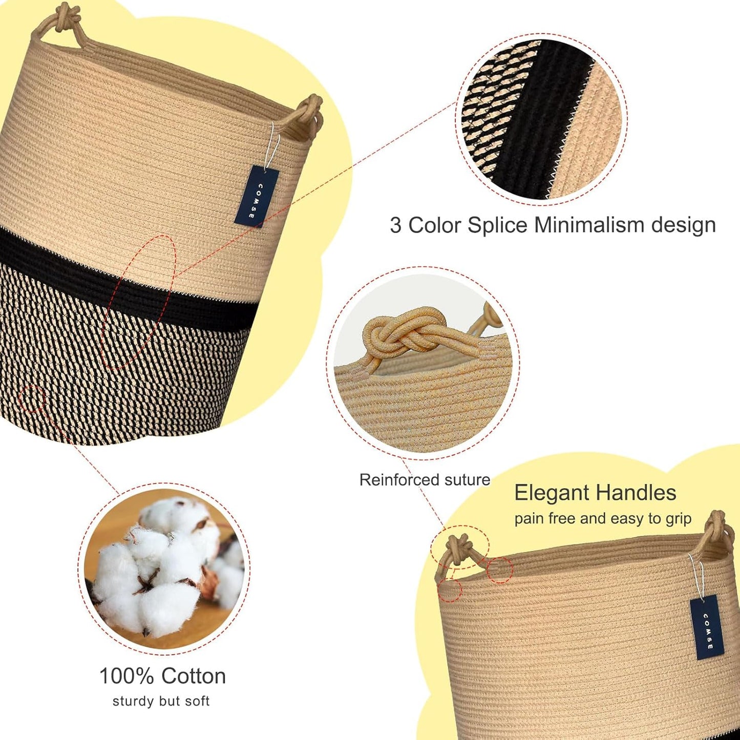 COMSE Extra Large Blanket Basket, Tall Woven Storage Basket, Nursery Hamper, 15.7”x 21.7”, Cotton Rope Laundry Hamper for Toys Clothes Towels, Blend Brown/Black