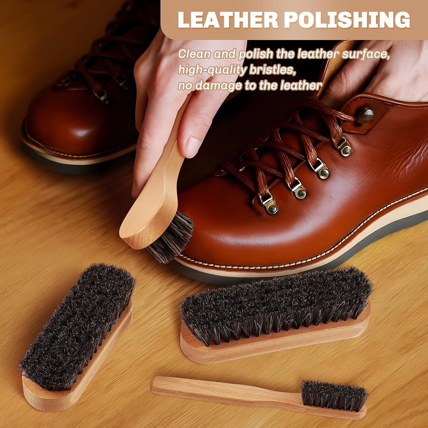 4 Pcs Horsehair Shine Shoes Brush Kit Polish Dauber Applicators Cleaning Leather Shoes Boots Care Brushes Suede Cleaner Brush with Microfiber Shoe Cloth(Wooden Style A)