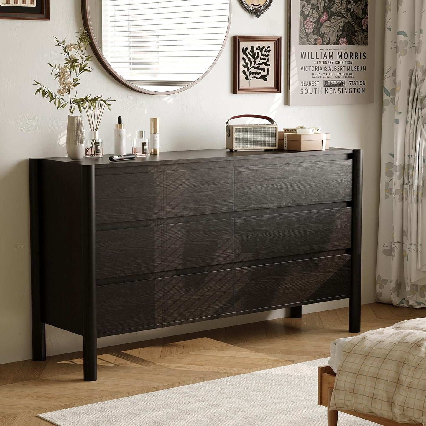 Dresser for Bedroom with 6 Drawers,47" Wide Oak Dresser with 4 Solid Wood Legs, Wooden TV Stand,Closet Clothes Organizer for Bedroom, Hallway