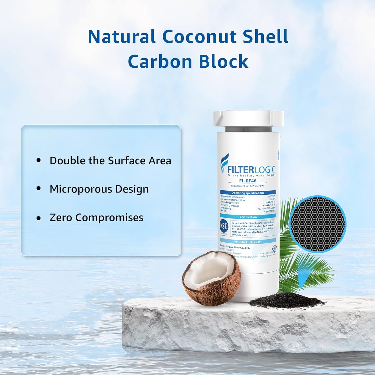 Filterlogic FL-RF48 Replacement for GE® XWF, NSF Certified Refrigerator Water Filter, 3 Filters（Not XWFE®)