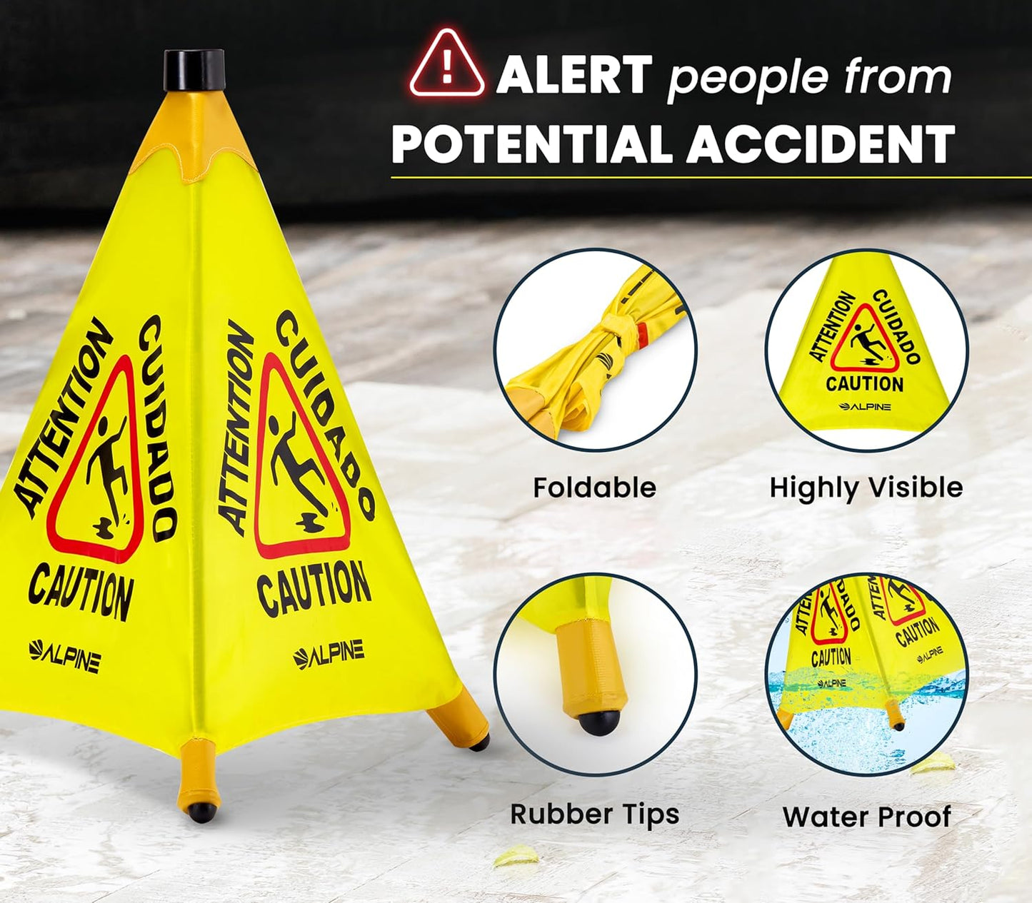 Alpine Caution Wet Floor Sign 3 Pack - Pop Up Slippery When Wet Sign, Wall Mounted Foldable Bilingual Yellow Safety Warning Caution Cone for Commercial & Office Use (20 Inches)