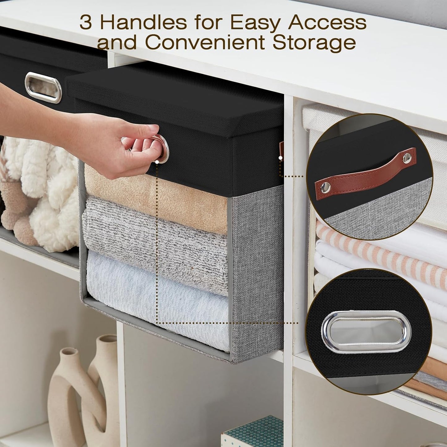Fabric Storage Cubes with Clear Windows and Lids, 13'' Foldable Storage Bins with 3 Handles, Decorative Storage Boxes for Home, Bedroom, Closet, Office (Black&Gray)