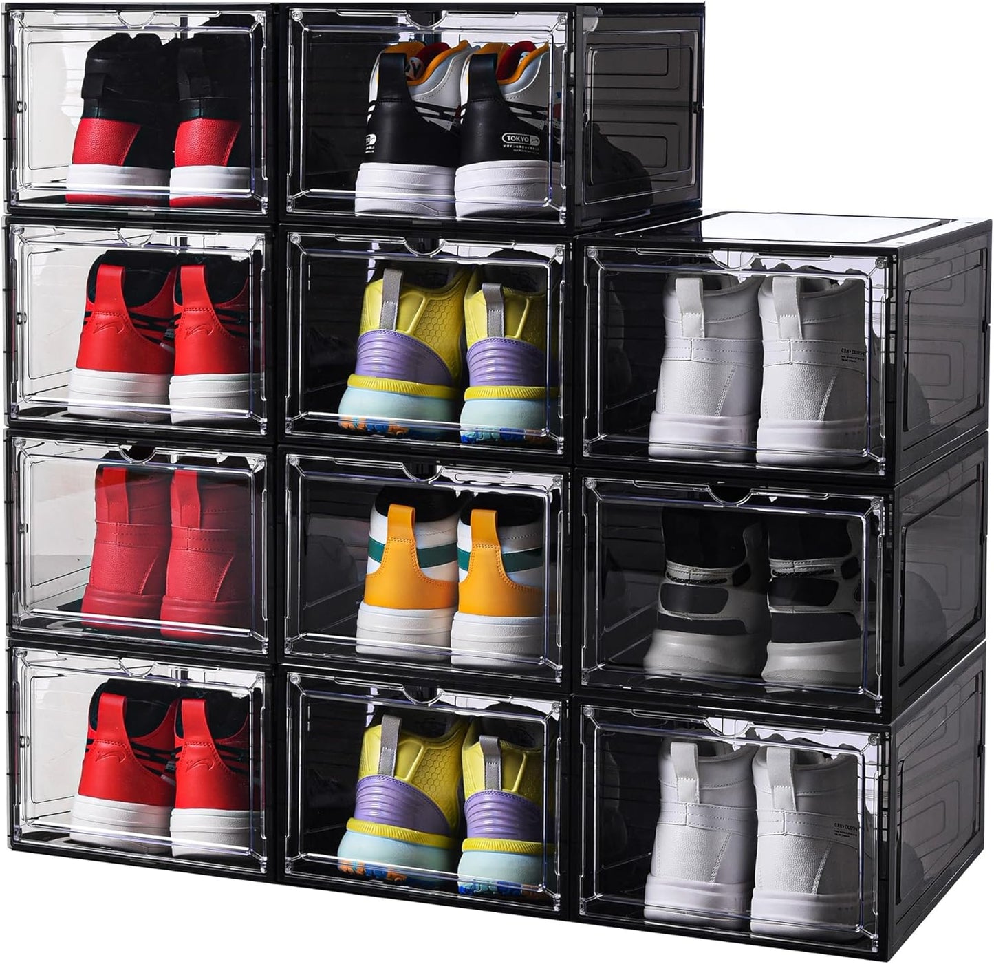 8 Pack Shoe Boxes Clear Plastic Stackable, Drop Front Shoe Storage Organizer for Closet, Sneaker Storage with Magnetic Door, Shoe Display Containers Fit US Size 12(13.4”x 10.6”x 7.5”) Black