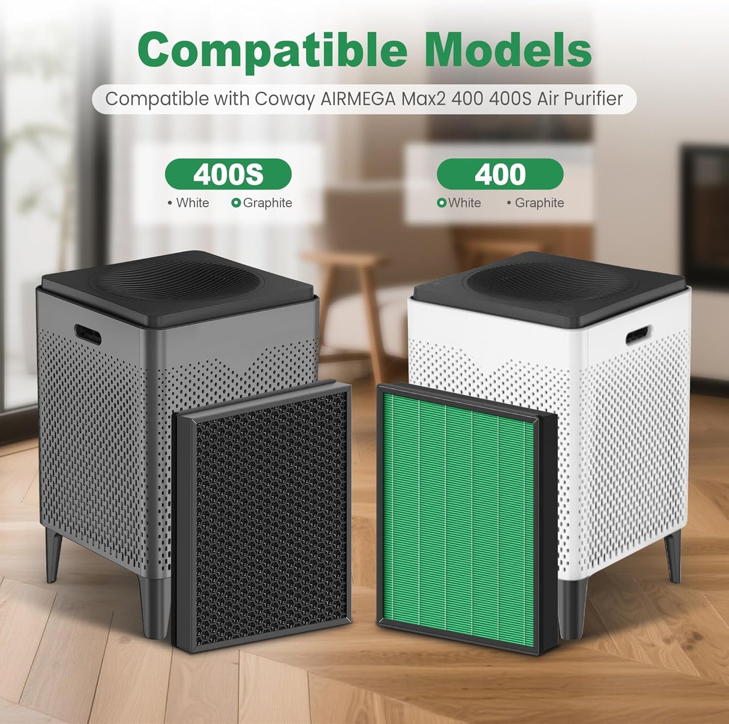 400/400S Replacement Filter for Coway AIRMEGA Max2 400 400S 400(G) 400S(G) Air Purifier, Max2 Green True HEPA and Active Carbon Filter Set, AP-2015-FP, 2 Pack