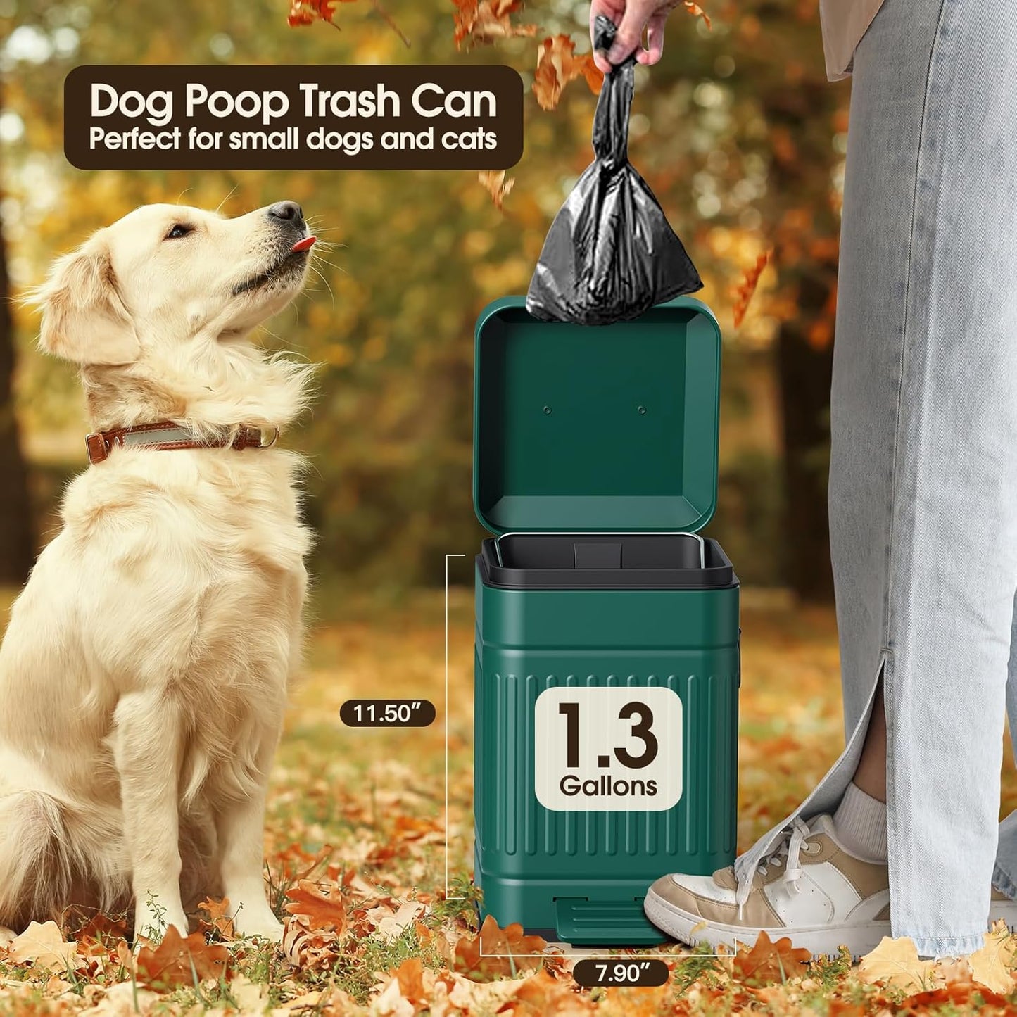 CEROELDA Small Trash Can with Lid-5L/1.3 Gal,Stainless Steel Outdoor Dog Poop Garbage Can-Farmhouse Retro Metal Waste Bin w/Step Pedal for Bathroom Bedroom Office-Soft Close-Green