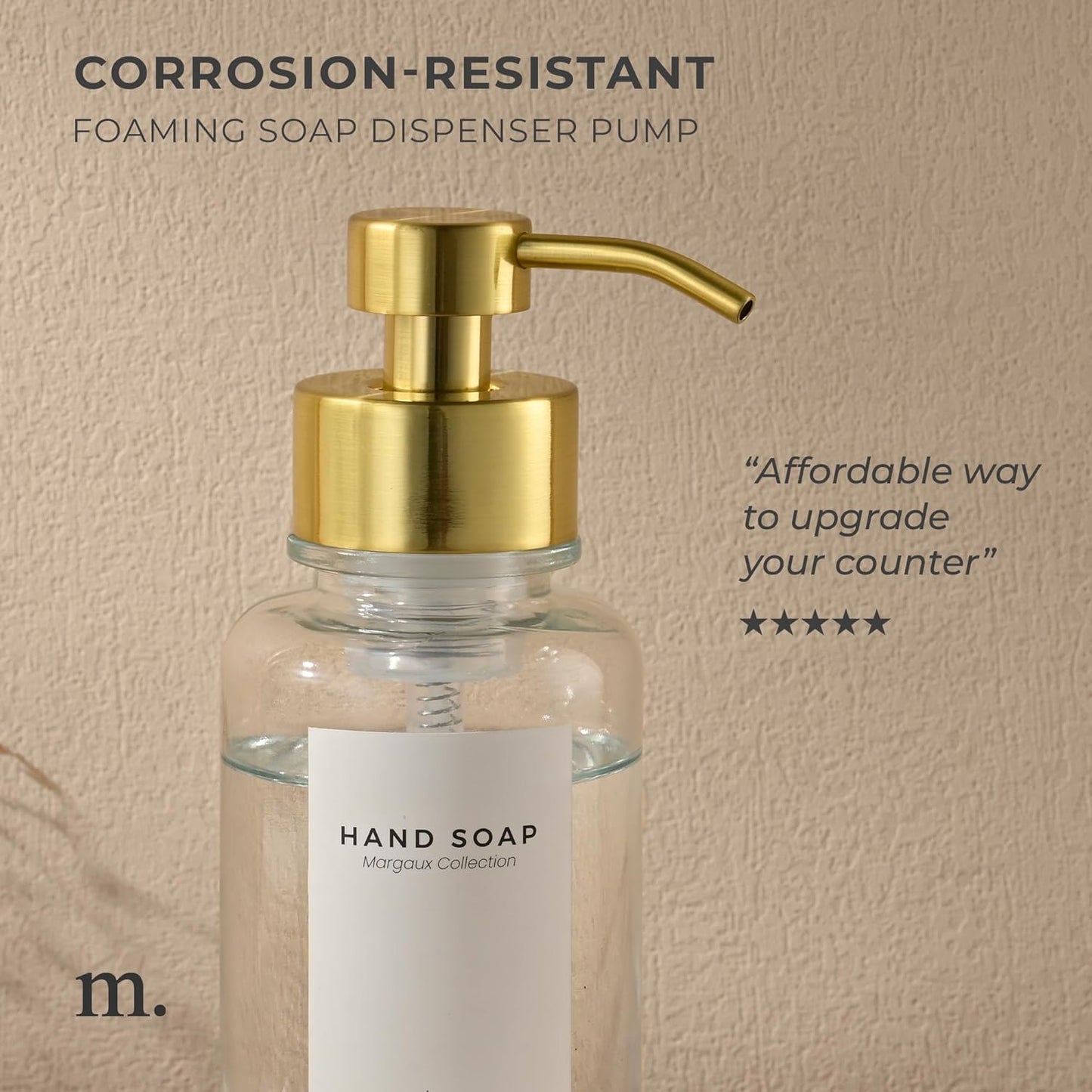 MaisoNovo Glass Foaming Hand Soap Dispenser 14 Oz | Gold Foaming Soap Dispenser Clear Bottle Gold Pump x 1 w/Labels