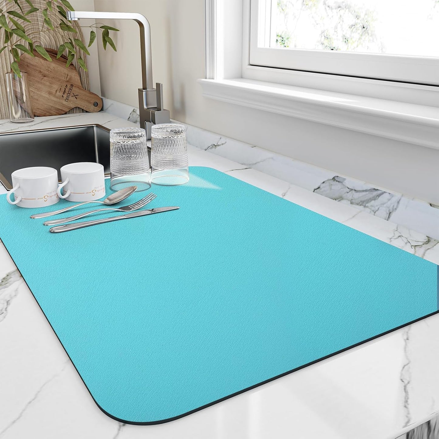 Dish Drying Mat for Kitchen Counter, Heat Resistant Drainer Mats with Non-slip Rubber Backed, Hide Stain Kitchen Super Absorbent Draining Mat, Easy to Clean Dish Rack Pad, Teal 18"x28"