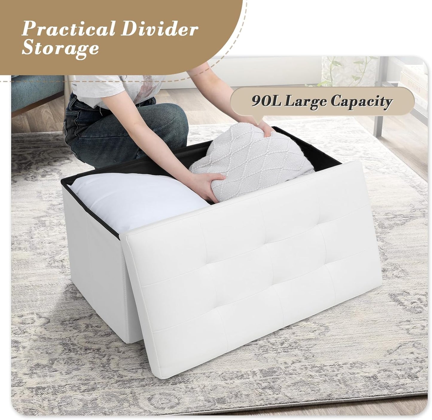 Athena Collection 30" Storage Ottoman Bench Folding Bench with 90L Hidden Storage, Large End of Bed Bench PU Leather Foot Rest Stool Chest with Flipping Lid for Living Room, Bedroom, Entryway, White