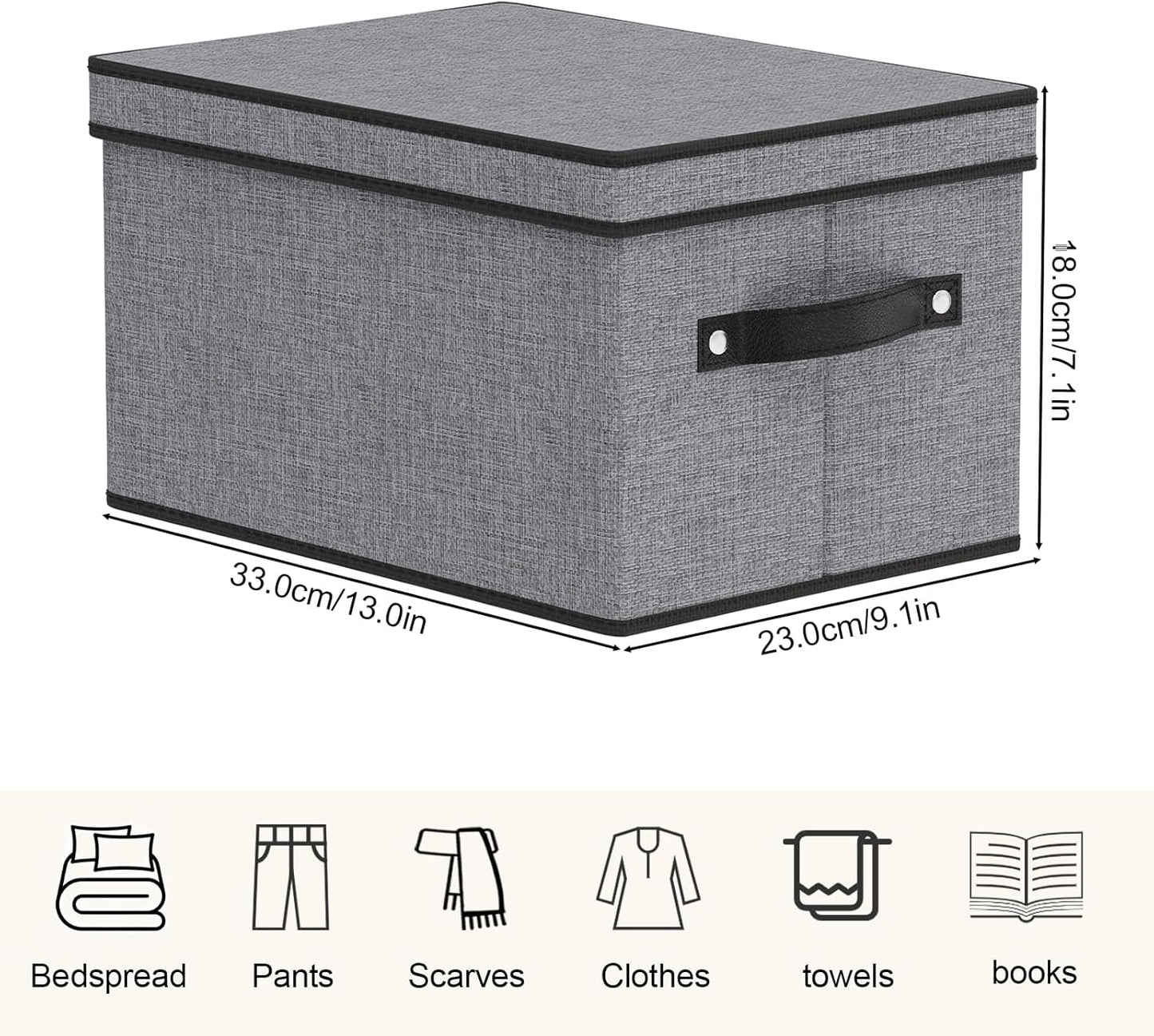 Fabric Storage Boxes, 7.1 x 9.1 x 13 Inch Baskets for Shelves with Lids, Wardrobe Organiser with Handles, Decorative Linen Closet Organizer Bins, Gray, 3 Pack