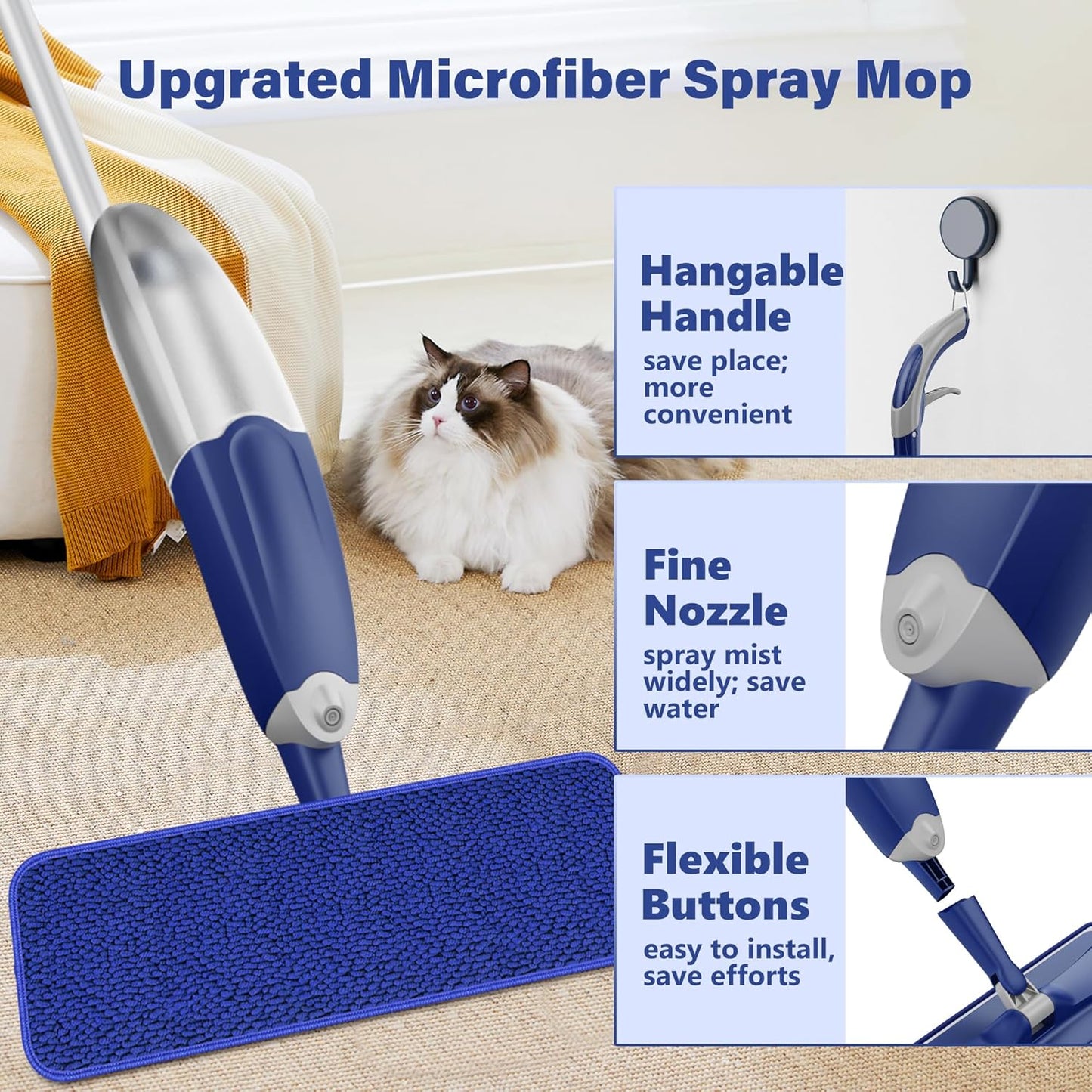 Microfiber Spray Mop for Floors Cleaning: Wet Dry Hardwood Floor Mops with 3 Washable Pads for Swiffer Powermop - Flat Mop with Sprayer for Tile Wood Laminate Vinyl Marble Floor