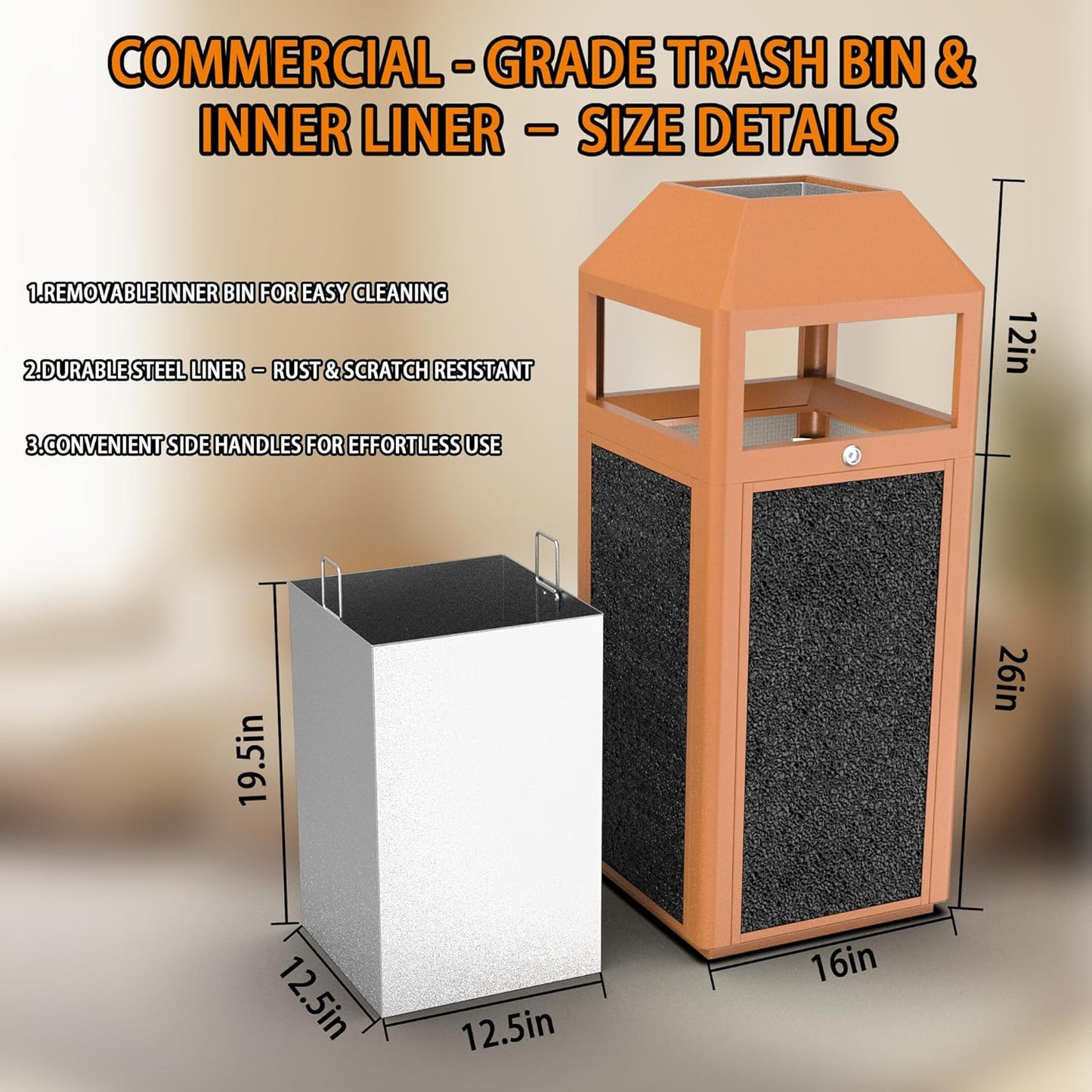 Commercial Metal Outdoor Trash Can with Lid, Lockable Outdoor Garbage Can with Nature Stone Panels, Heavy-Duty Rustproof Trash Bin with Removable Liner for Parks & Public Spaces