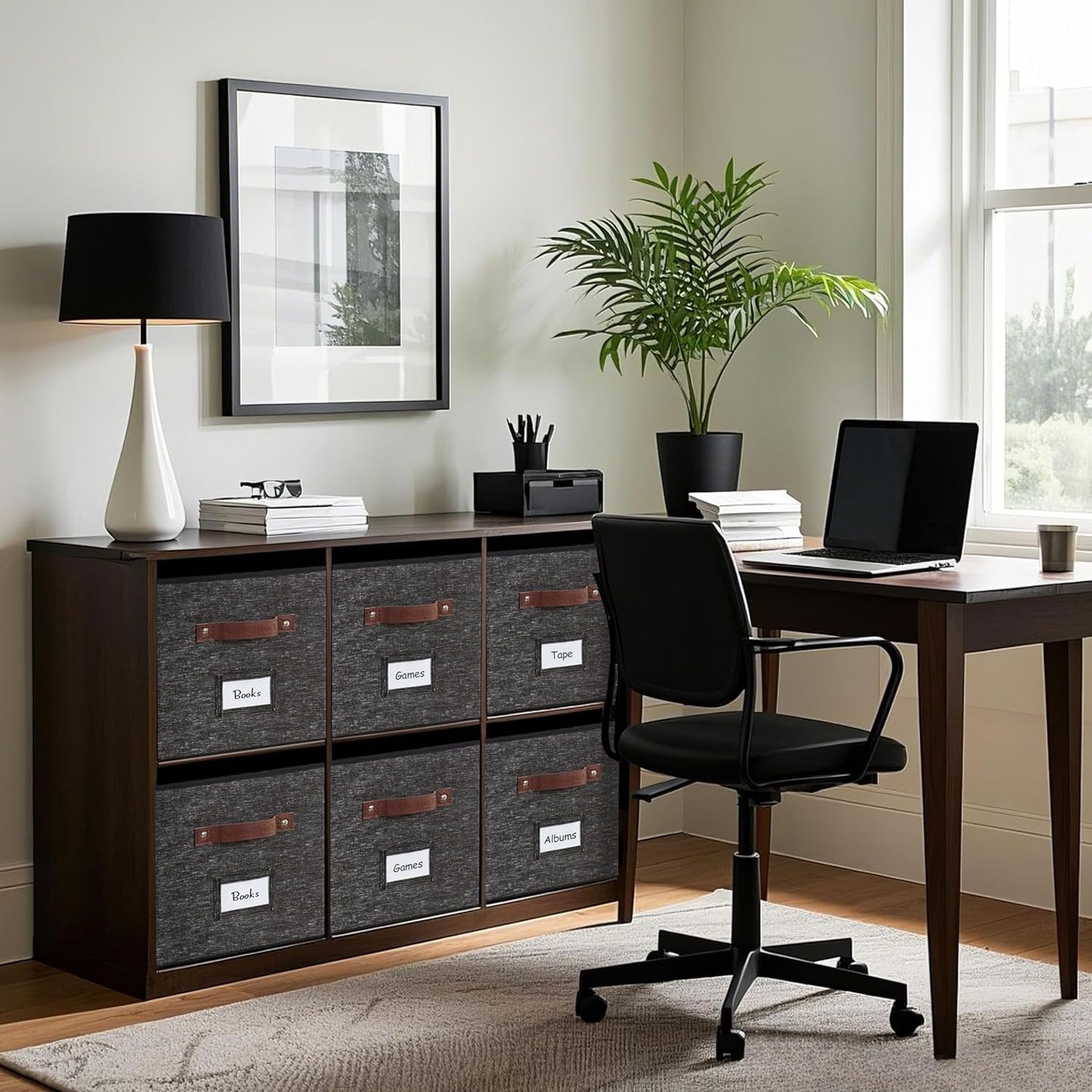 DECOMOMO Storage Bins, Cube Storage Bin with Labels, Fabric Storage Cubes for Shelves (10.5" x 11" / 6pcs, Black Pattern)