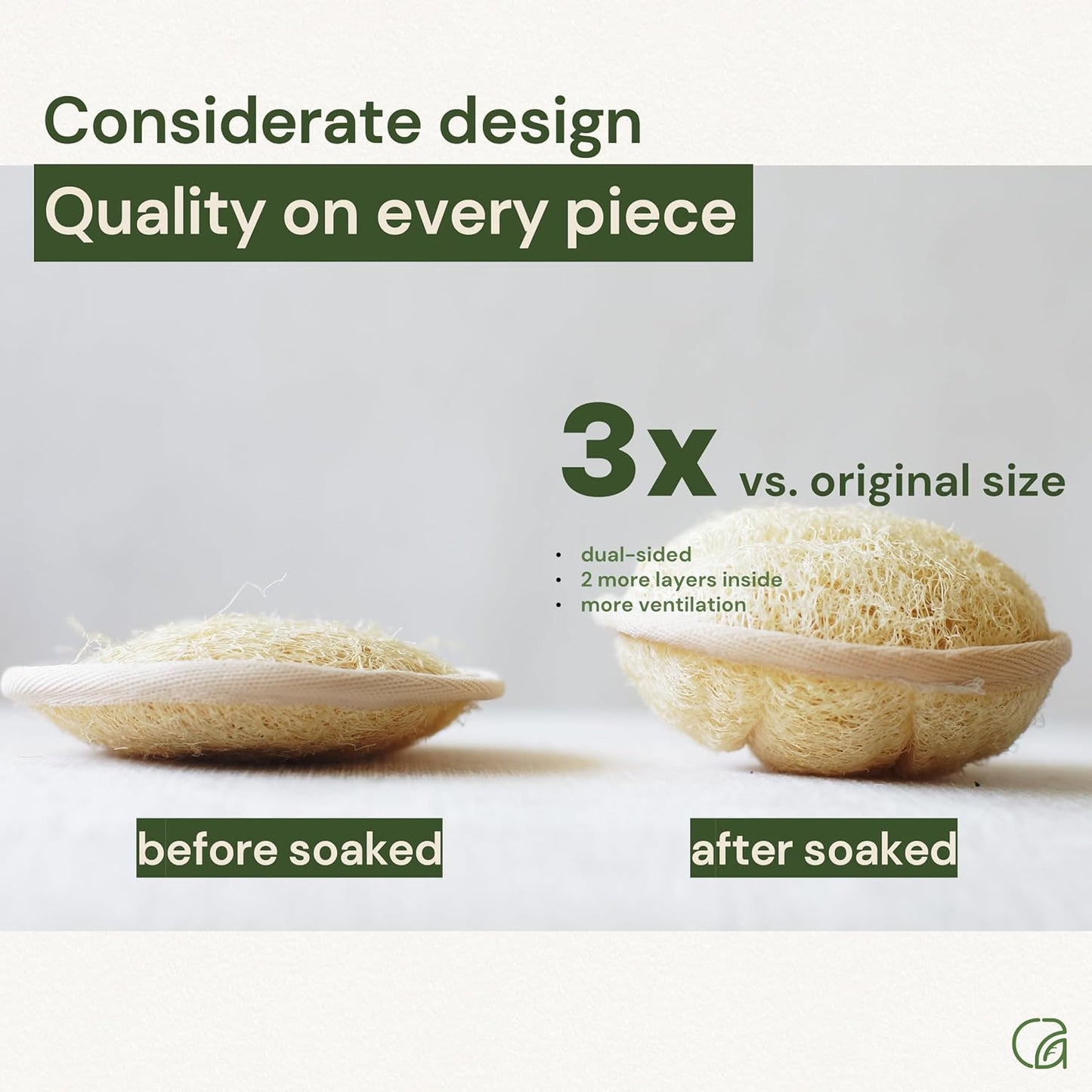 Chill Ah Green Glow All Natural Exfoliator Dual Sided Loofah Bath Sponge Set – 100% Plant-Based, dye-Free, Biodegradable, Scratch-Free, Handcrafted in Vietnam (2-Pack)