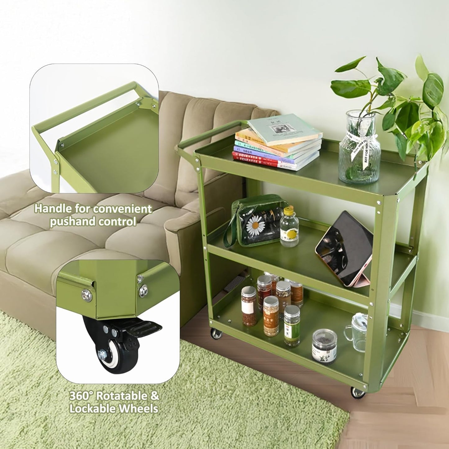 3 Tier Rolling Tool Cart with Lockable Silent Wheels, 330 LBS Capacity, Metal Service Cart for Home, Garage, Warehouse, Workshop