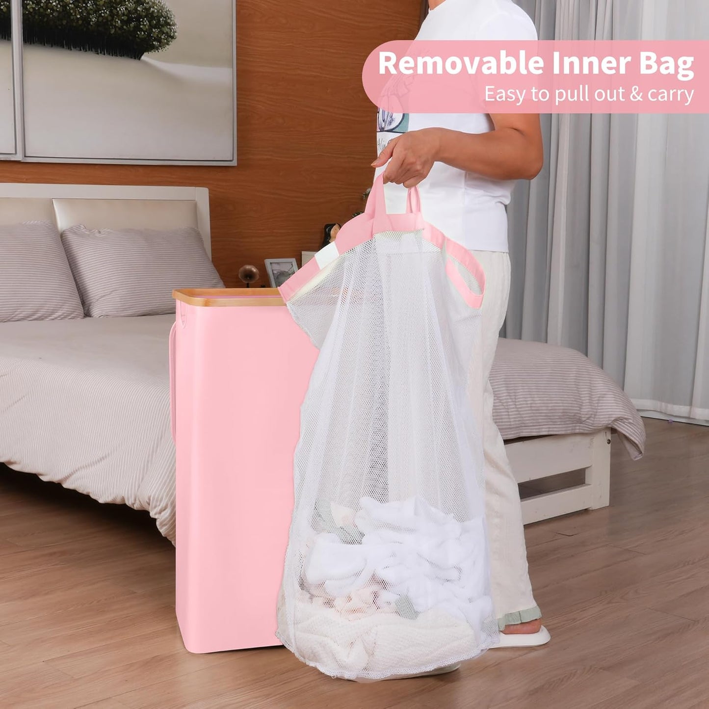 26 Gal Laundry Basket with Lid and Net Bag, Tall Laundry Hamper with Bamboo Handles, Aesthetic Dirty Clothes Bin for Laundry Room, Bathroom, Bedroom and Dorm, Pastel‌