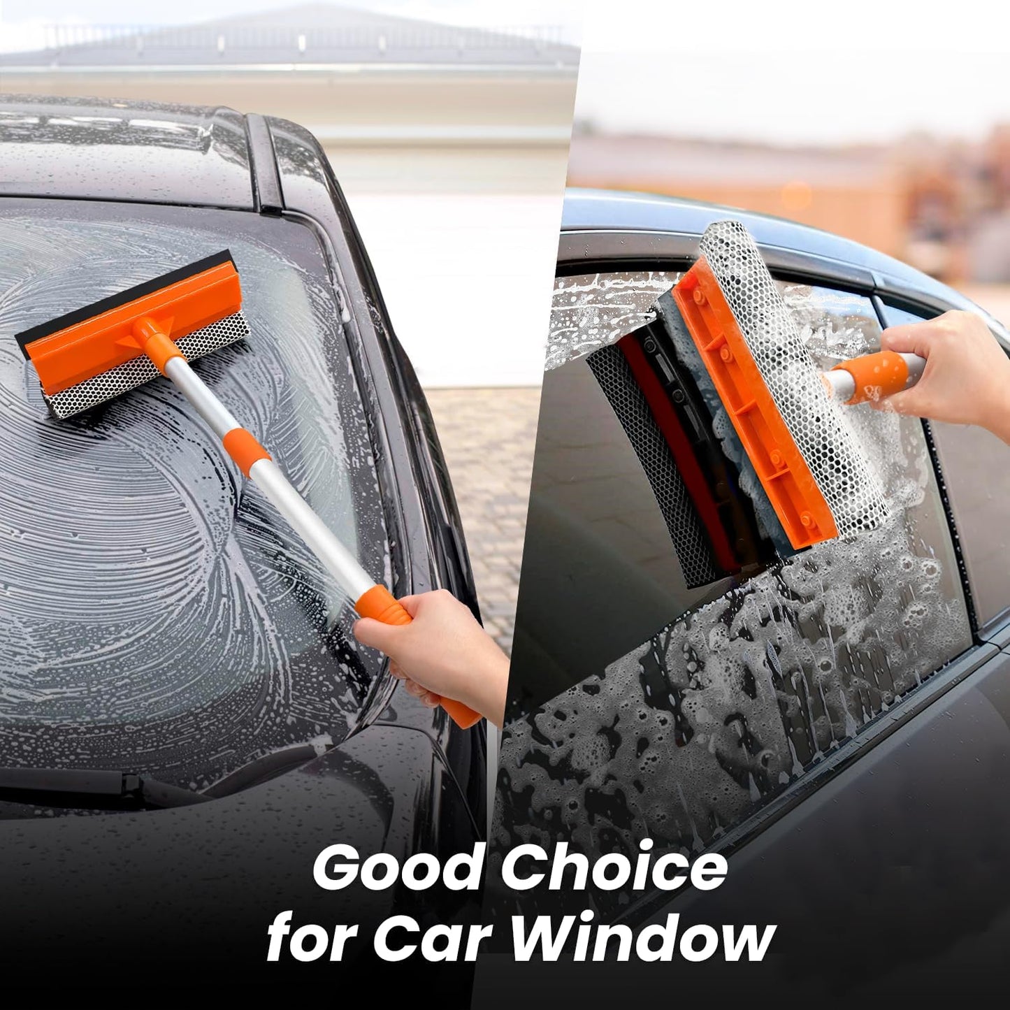 Squeegee for Window | 2-in-1 Window Cleaner Sponge and Soft Rubber Strip with Telescopic Extension Pole 18”-29” | Window Washer for Shower, Car Windshield, Mirror, Glass Cleaning