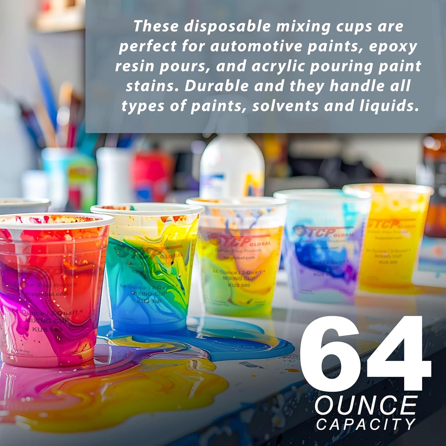 Custom Shop Paint Mixing Cups, 64-Ounce (Box of 100) - Plastic Measuring Cups for Liquids, Automotive Painting, Epoxy Resin, Acrylic Arts, Crafts, Disposable or Reusable, Graduated, Mixing Ratios