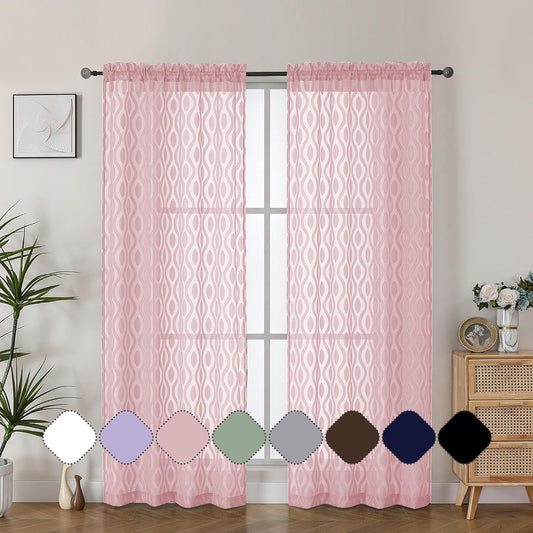 Aiyufeng Sheer Curtains 72 Inches Long for Living Room 2 Panels Set, Light Filtering Clip Jacquard Textured Sheer Bedroom Curtain, Chic Wavy Line Sliding Door Curtains, Blush Pink, 40" Wx72 L Inches
