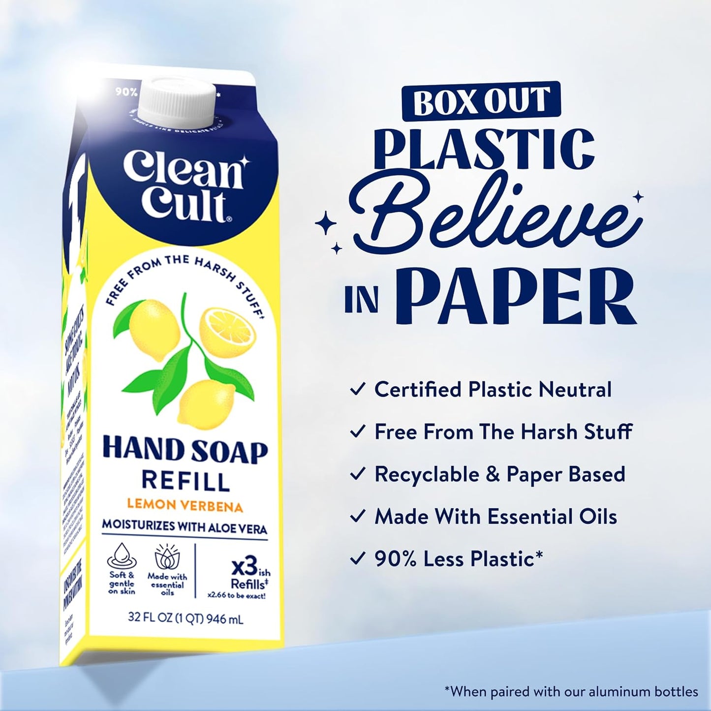 Cleancult Liquid Hand Soap Refills - Lemon Verbena - Moisturizes Dry & Sensitive Skin - Made with Aloe Vera & Essential Oils - Eco Friendly - Paper-Based Packaging - 32 oz/2 Pack