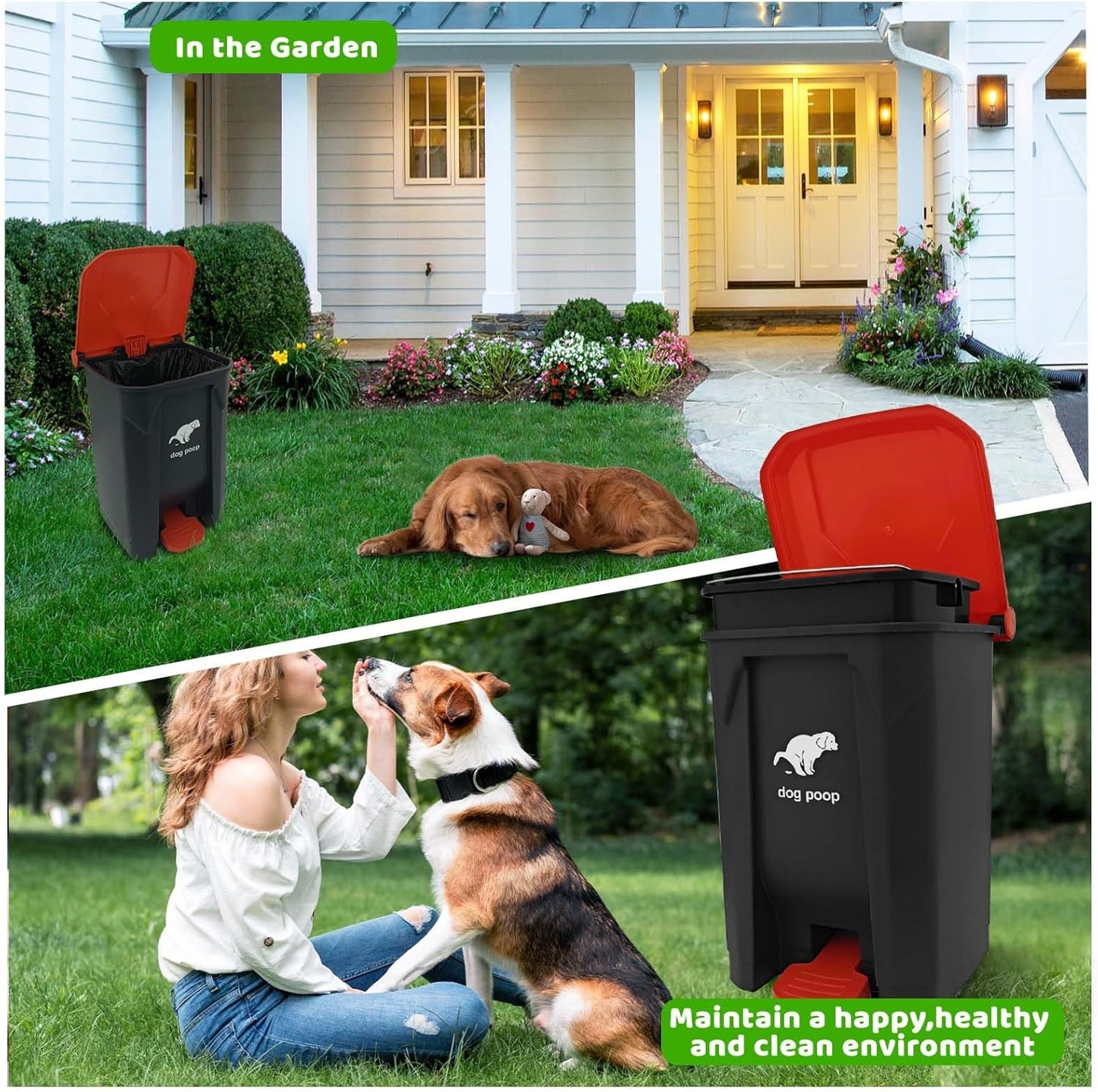 Dog Poop Trash Can Outside, 20L/5Gallon Dog Waste Trash Can with Lid, Pedal and Removable Inner Waste Bin, Pet Poop Bucket with 100 Bags, Red