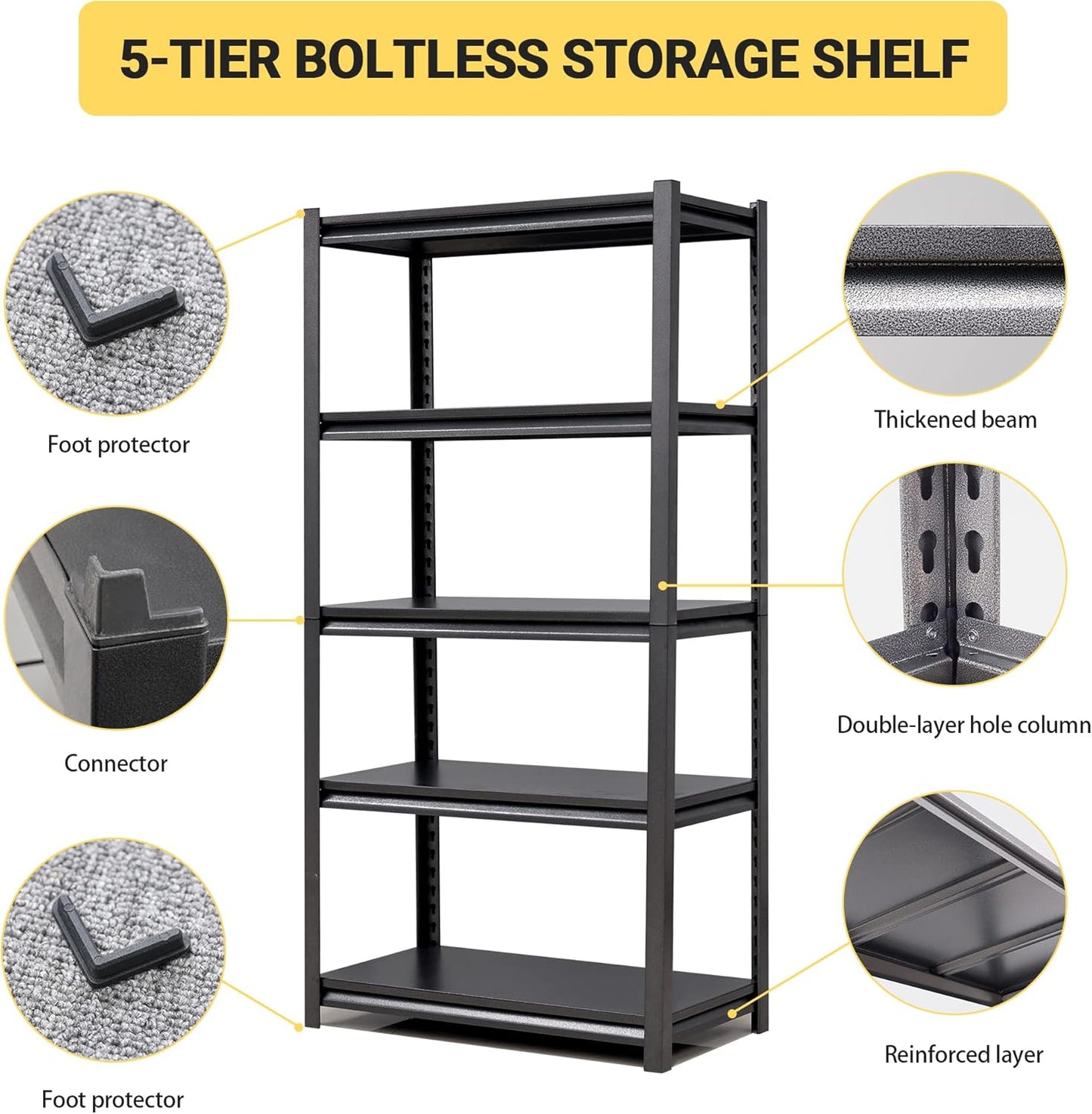 63" H Heavy Duty Garage Shelving, Metal Storage Shelves, Adjustable 5 Tier Metal Shelving Unit, Industrial Utility Rack for Garage, Warehouse, Workshop, 16" D×31.5" W×63" H, Black