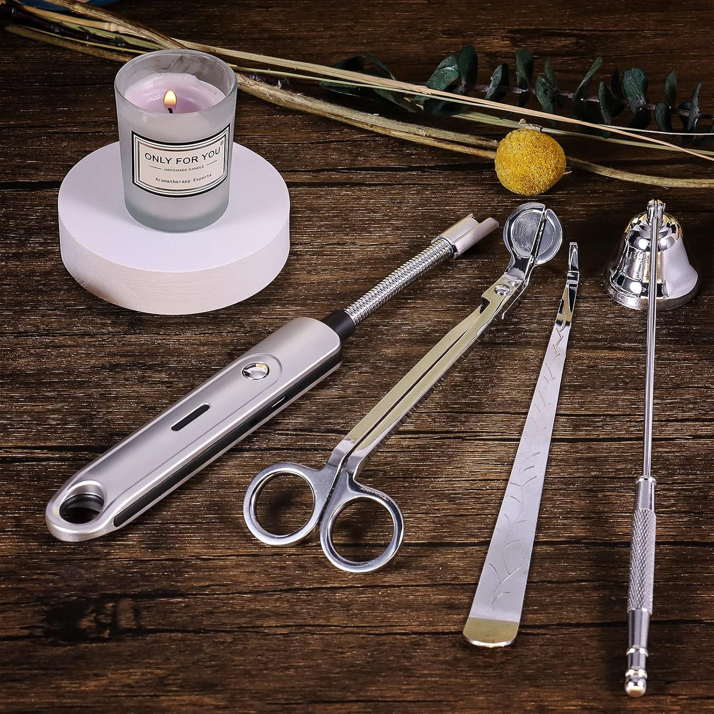 Lsnisni 4 in 1 Candle Accessory Set, Electric Lighter, Wick Cutter, Snuffer and Dipper, Steel Wick Trimmer Set - Silver
