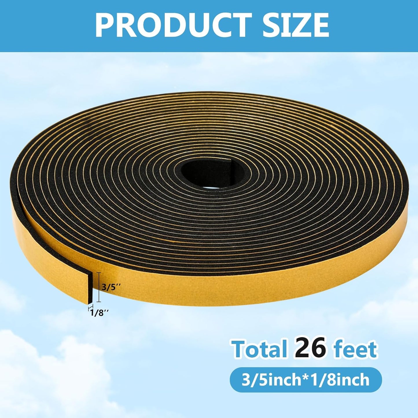 Black Weather Stripping Door Seal Strip (3/5 Inch X 1/8 Inch X 26Feet), Strong Adhesive, Lightproof, Soundproof, Weatherproof Foam Tape Insulation for Sliding Door, Front Door Frame, Windows