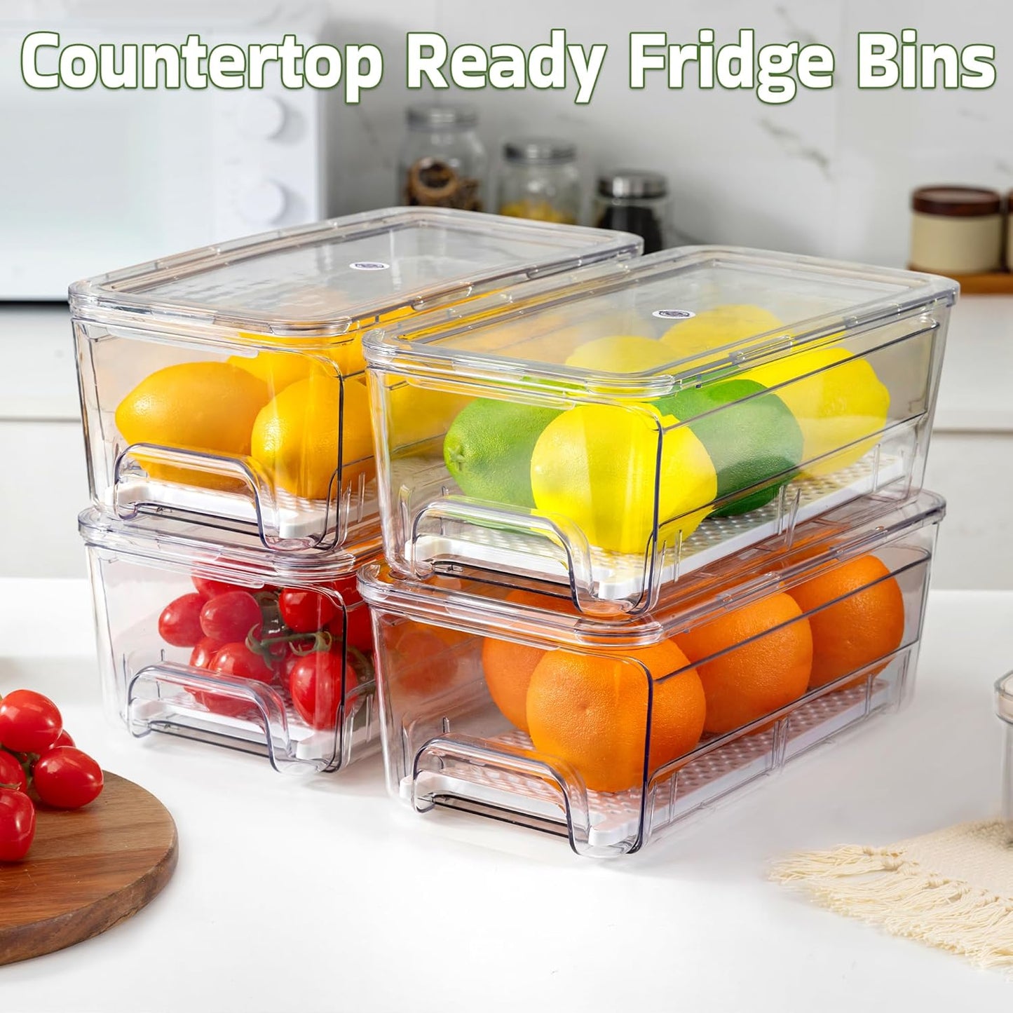 4 Pack Fridge Organizer Drawers, Stackable Pantry Organizers and Storage, Clear Pull-Out Refrigerator Organizer for Fruit, Vegetable Storage and Keep Fresh