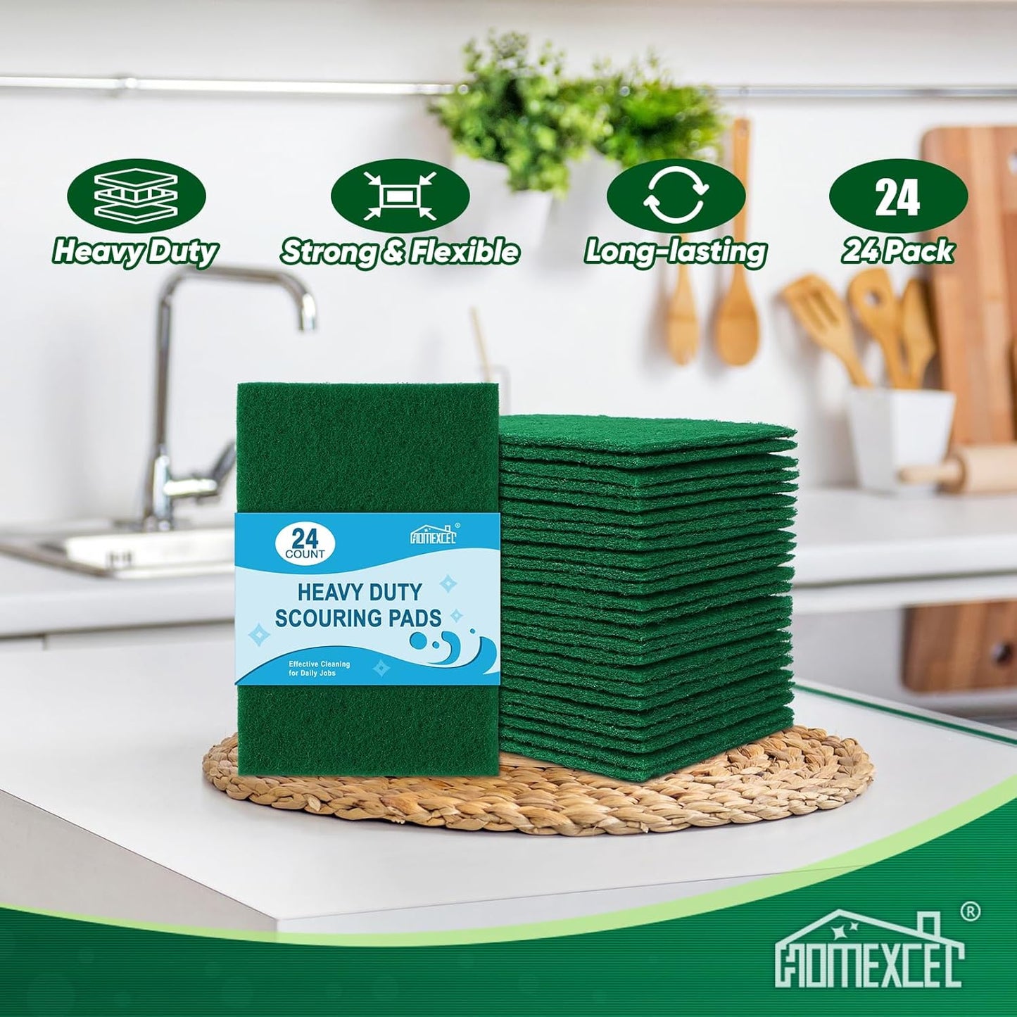 HOMEXCEL Heavy Duty Scouring Pad, 24 Pack Green Scrubbing Pads, Dish Scrubber Reusable for Cleaning, Multipurpose Scrub Pads for Household Kitchen Dishes Pots Pans & Metal Grill