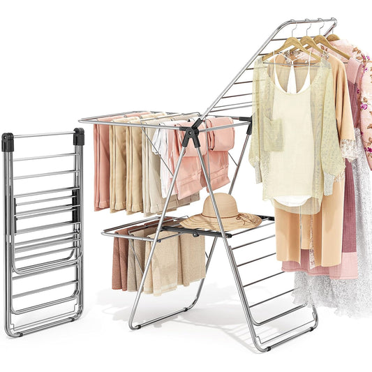 APEXCHASER Clothes Drying Rack with 4 Wings, Stainless Steel Drying Rack Clothing with Height-Adjustable, Foldable Gullwings Laundry Drying Rack, Indoor Outdoor Use, No Assembly, Black