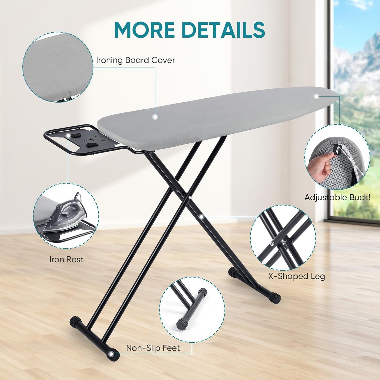 Ironing Board 13" X 43" W/Height Adjustable,Safety Iron Rest,Extra Heavy Cover,Heat & Scorch Resistant Fabric, Anti-Skid Feet,Easy to Fold Gray
