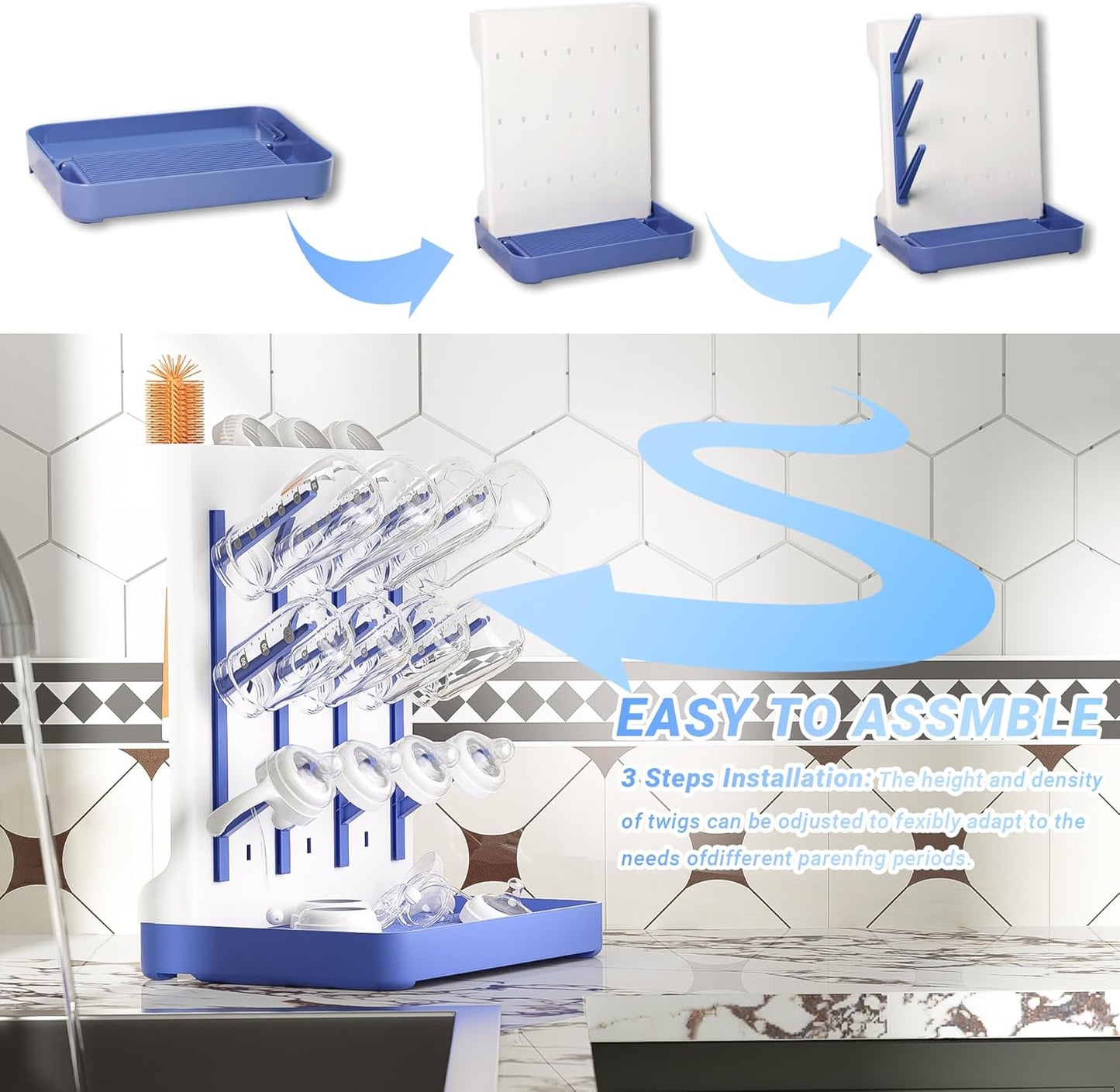 Baby Bottle Drying Rack: Vertical Space Saving Standing Bottle Organizer for Countertop – Holds Glass Baby Bottles, Utensils, Pump Parts, Brushes & Pacifiers, Kitchen – Premium Material (1, Blue)