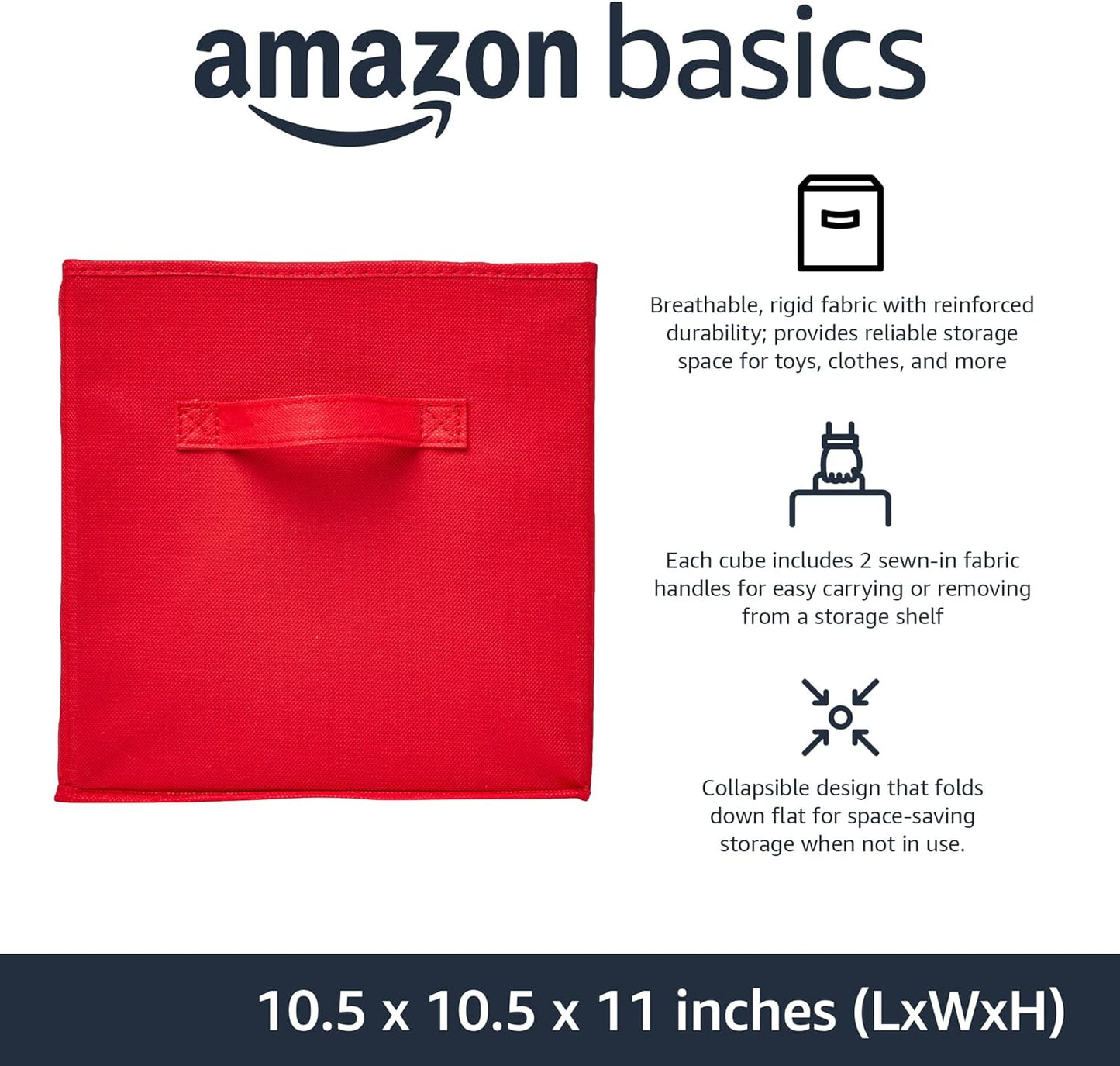Amazon Basics Cube Organizer Storage Bins Handles, Collapsible Fabric, Pack of 6, 10.5"x10.5"x11", Red