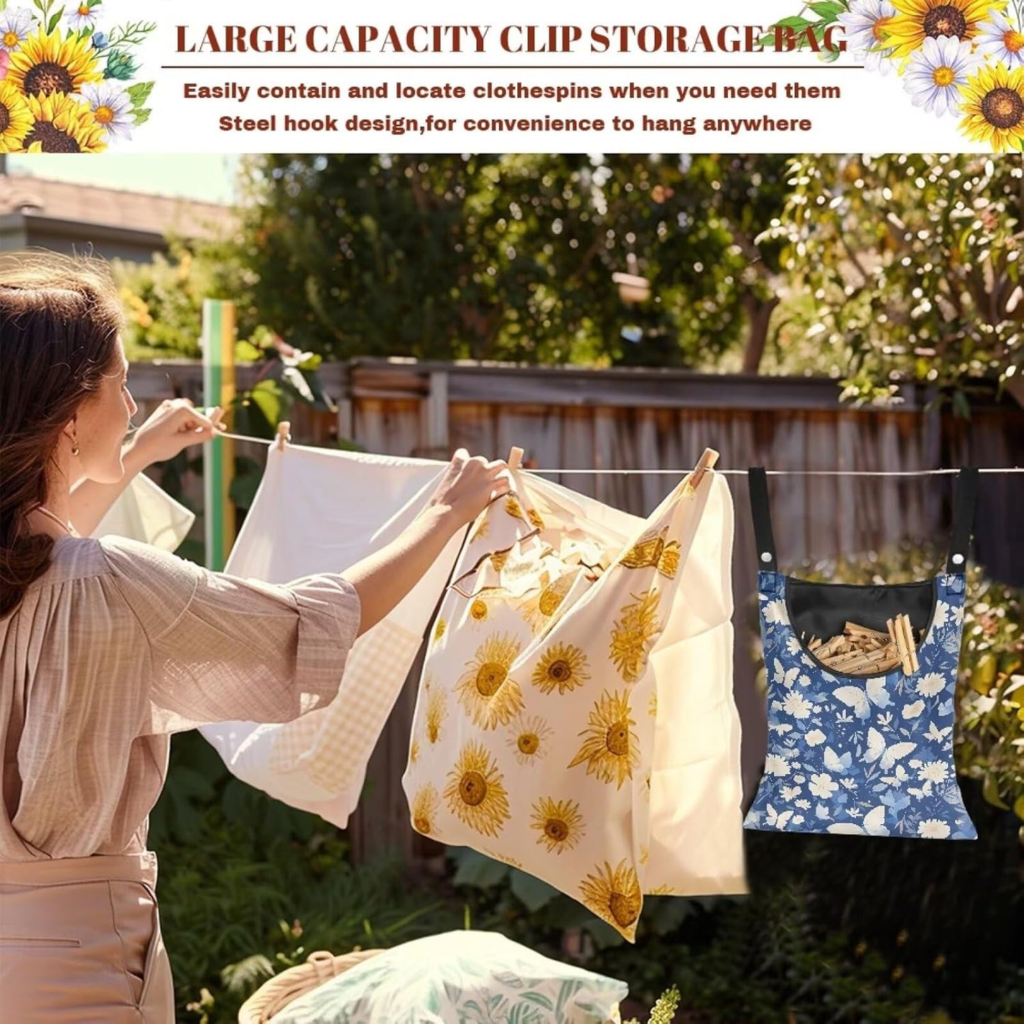3 Pcs Butterfly and Floral Clothespin Bag with Large Opening Clothes Pins Holder Outdoor and Laundry Bag Hanging Fits for Clothesline Outdoor